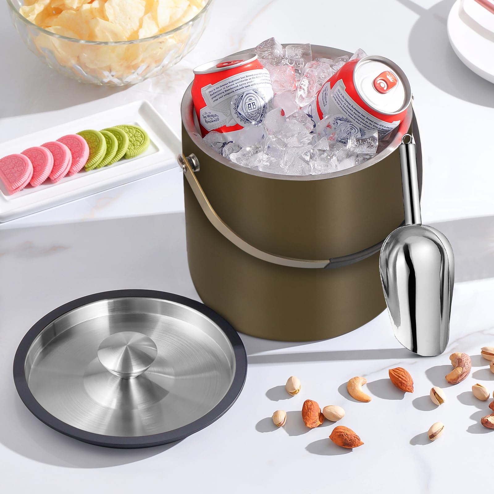 Cubitera de hielo aislada moderna de 3,2 L con tapa de silicona, cuchara, colador, cubo de hielo de acero inoxidable de doble pared para fiestas y bar de cócteles, ideal para regalo