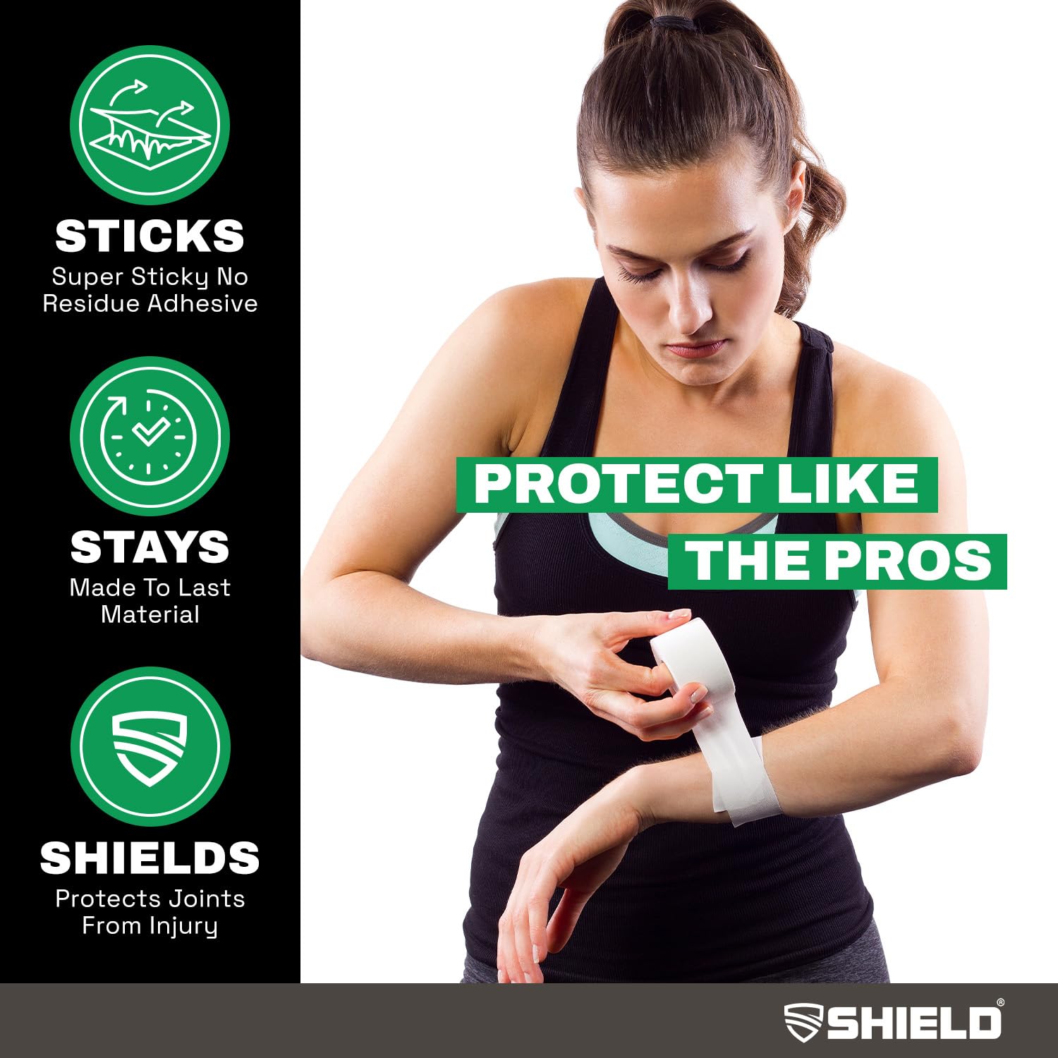 SHIELD Nastro adesivo per atletica bianca, 3,8 cm x 13,8 m, prodotto negli Stati Uniti, facile da strappare, rigido, non lascia residui. Medicina sportiva - atleti, medici, terapie e atleti: caviglie,