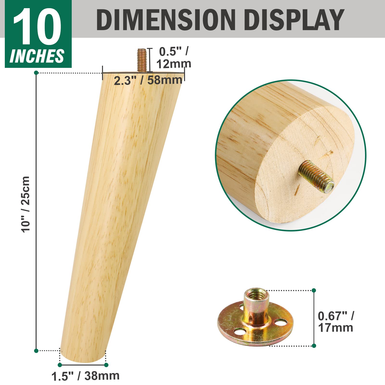 FoDau770 Rubber Wood Furniture Legs 10 Inches, Slant Tapered Wood Legs Mid Century Sofa Legs Set of 4, 5/16" UNC Furniture Feet Replacement Legs for Cabinet Sofa Couch Dresser Chair Ottoman Table