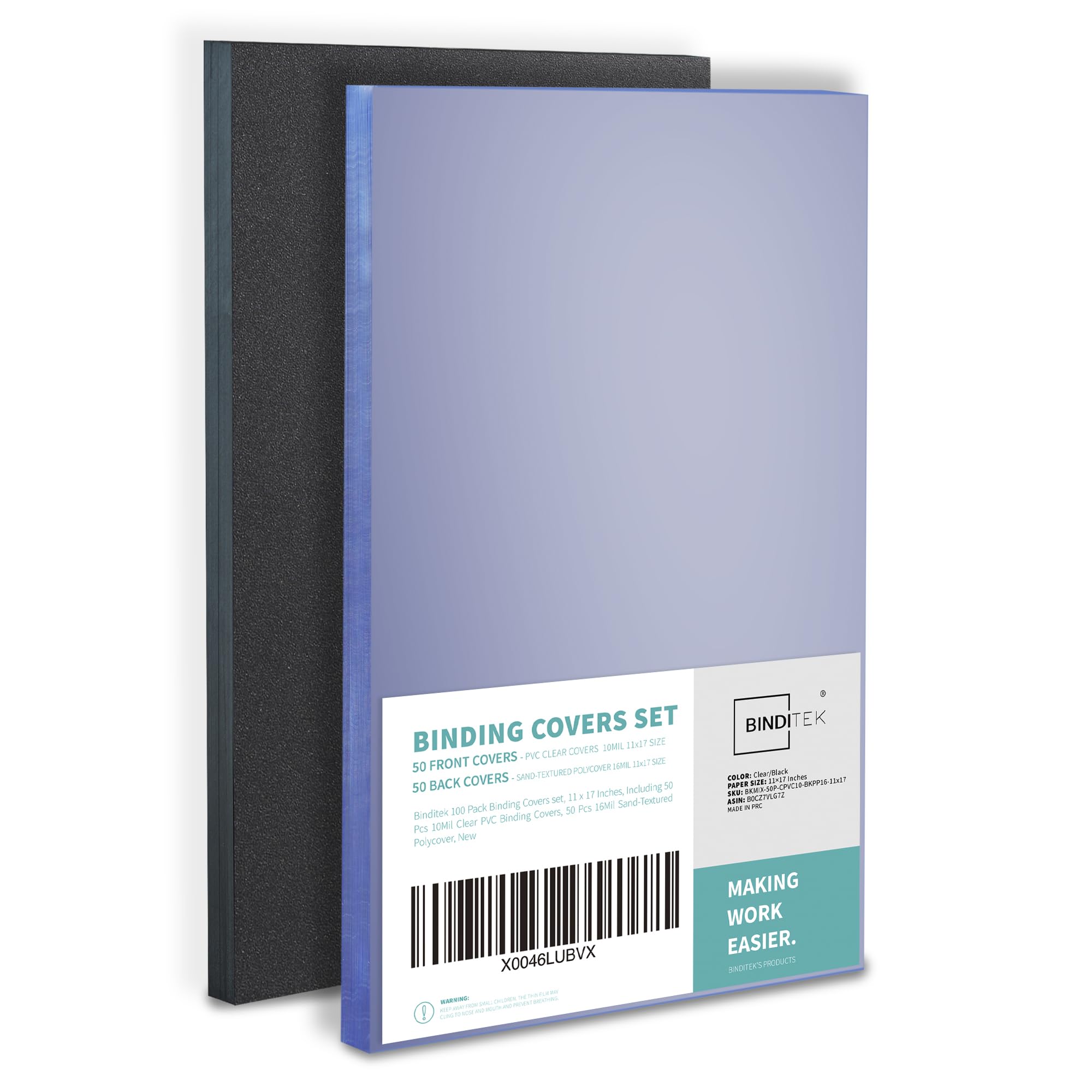 Binditek 100 Pack Binding Covers Set, 11x17 Inches, 10Mil PVC &amp; 16Mil Poly