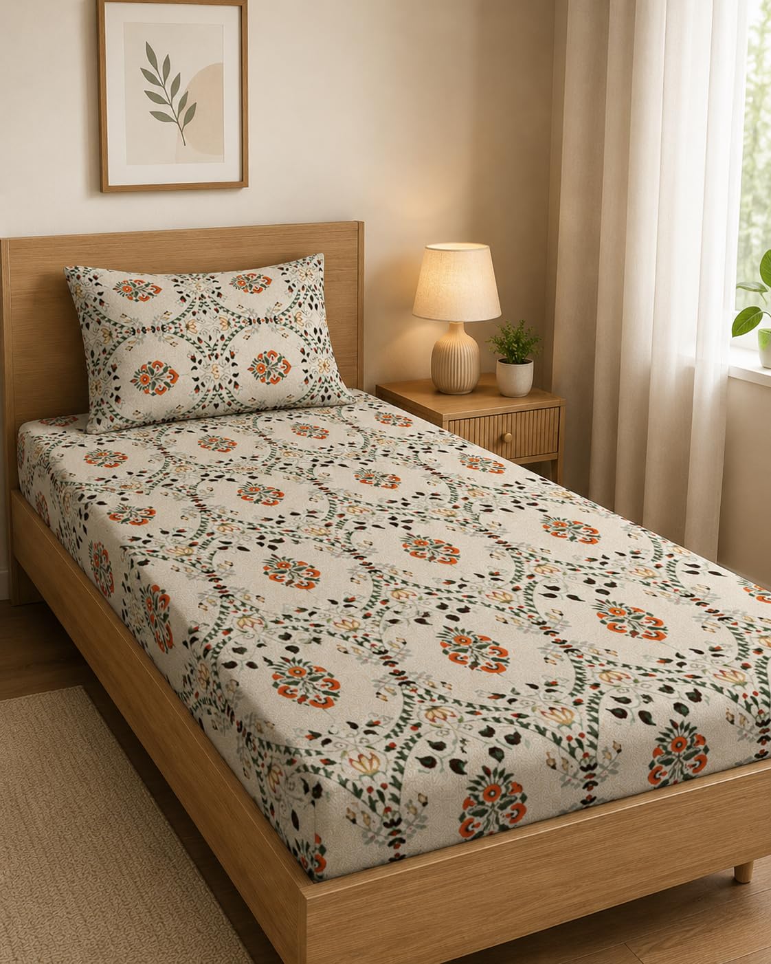 LOOMLYFE Microfiber Soft Cotton Single Bed Bedsheet for Diwan Bed, Size 60 Inches X 90 Inches, 152 X 230 cm with 1 Large Size Pillow Covers Without Joint - BeigeJaipuri