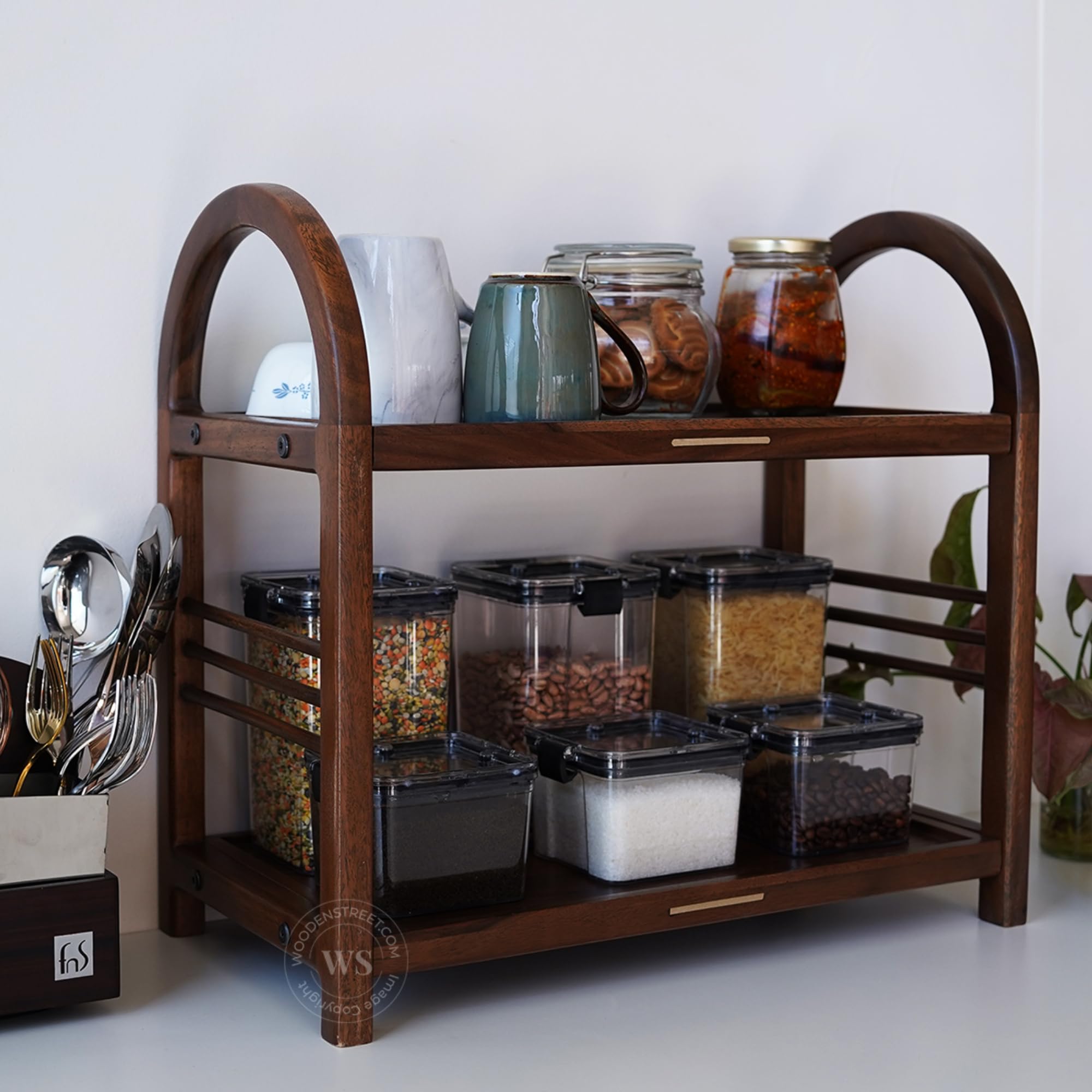 Wooden Street Arika Kitchen Rack | Solid Wood 2 -Tier Multipurpose Wooden Storage Organizer, Grocery Rack (Teak Finish, 18 L x 10 W x 17 H Inches) | 1-Year Warranty (DIY Countertop)