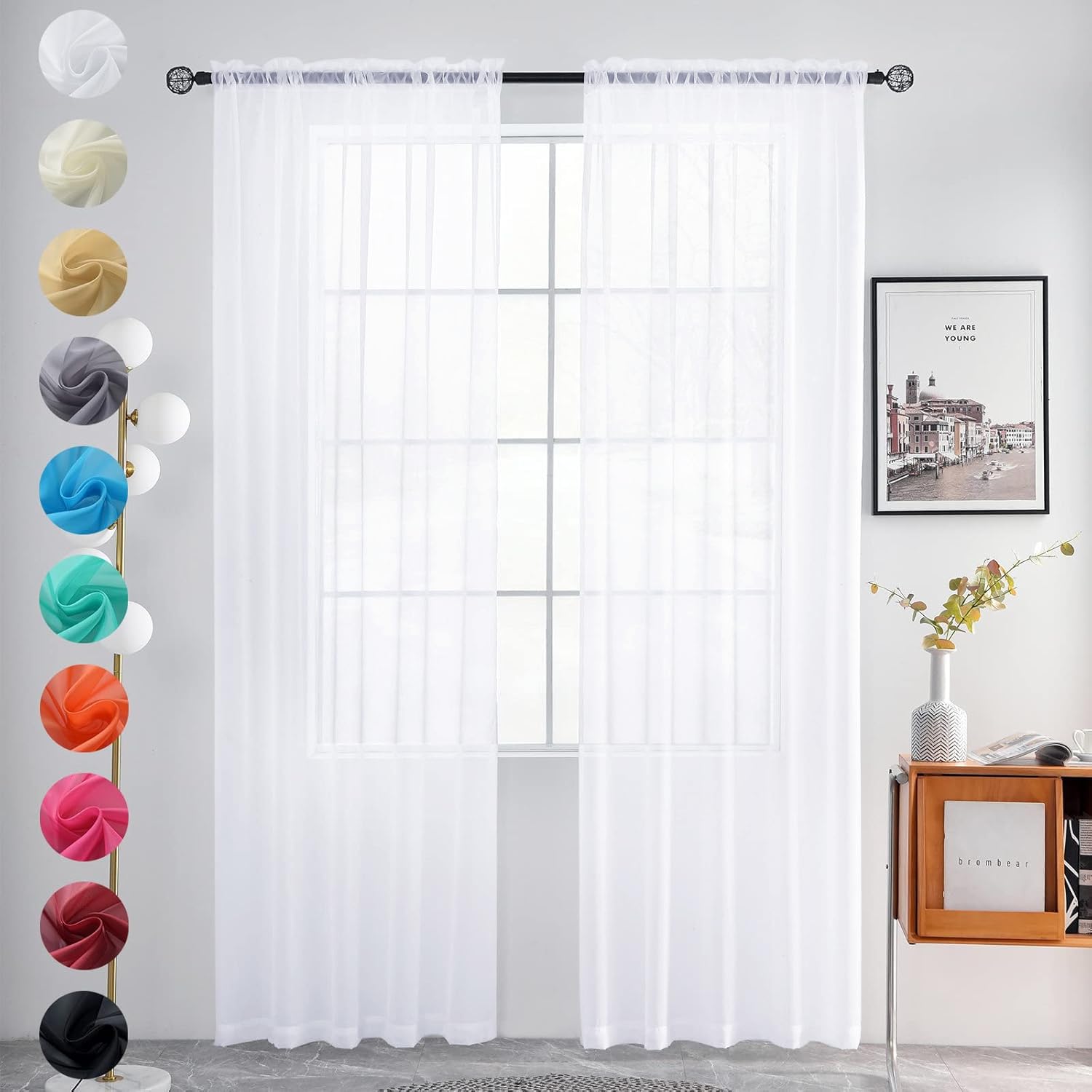 youleyar Sheer Rod Pocket Curtain Voile Draperies 2 Panels White Beige Black Grey Coffee 52 Inch Width 84 Inch Long 1 Pair for Kitchen Bedroom