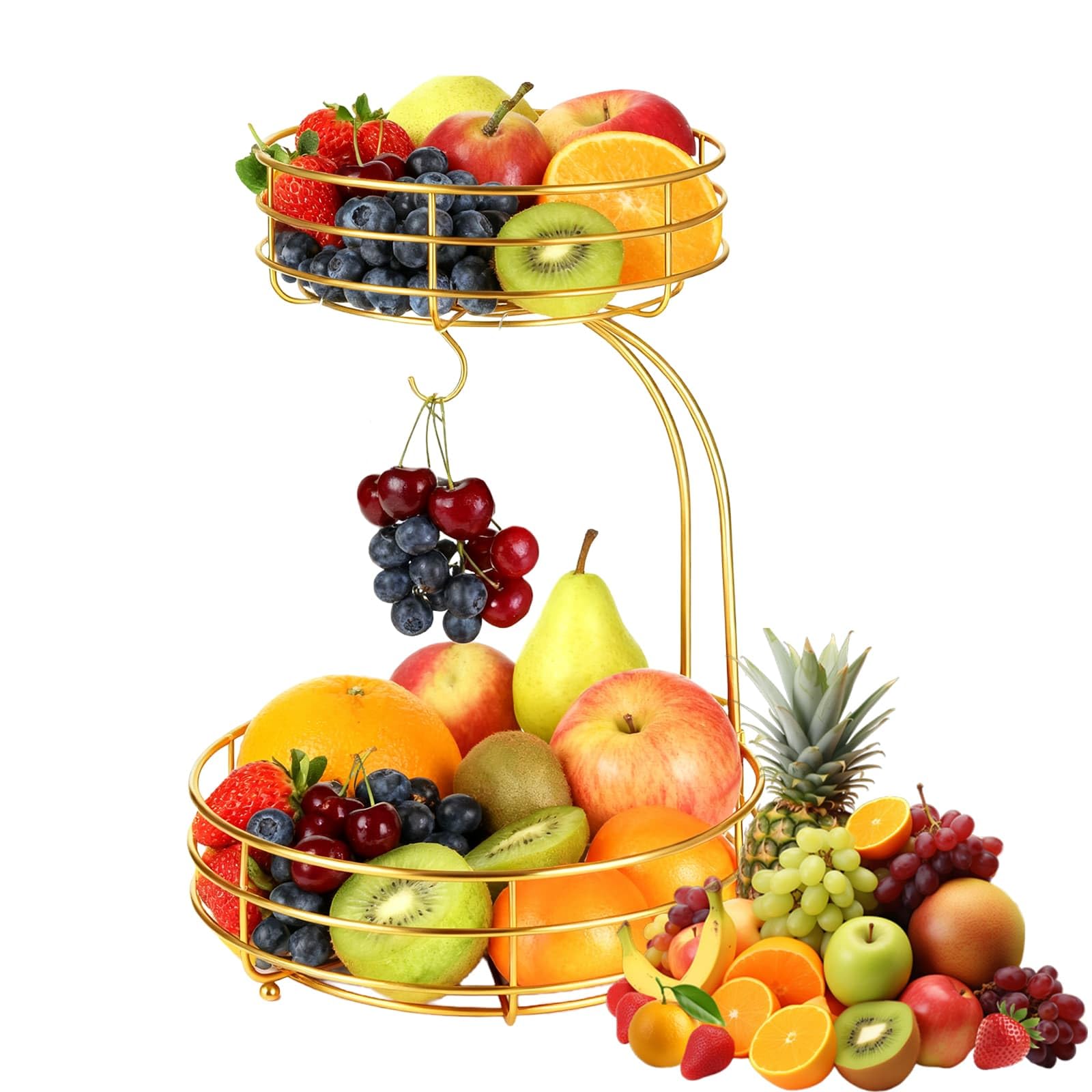 Yblue Gold 2-Tier Countertop Fruit Basket Bowl With Banana Hanger, Metal Bowls Vegetable And Fruit Storage Basket Perfect For Holding Fruit, Vegetables, Snacks, Cupcakes