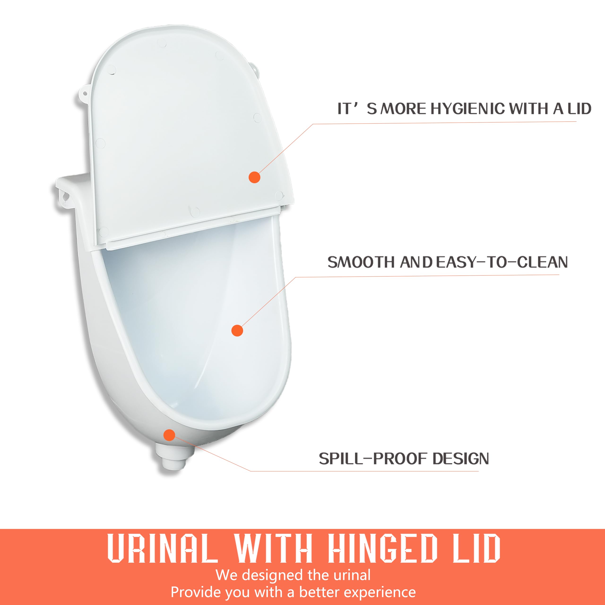 Orinal comercial montado en la pared con tapa con bisagras, urinario de baño para hombres, urinarios de plástico para hombres, urinario sin agua, urinario de garaje, desviador de orina al aire libre