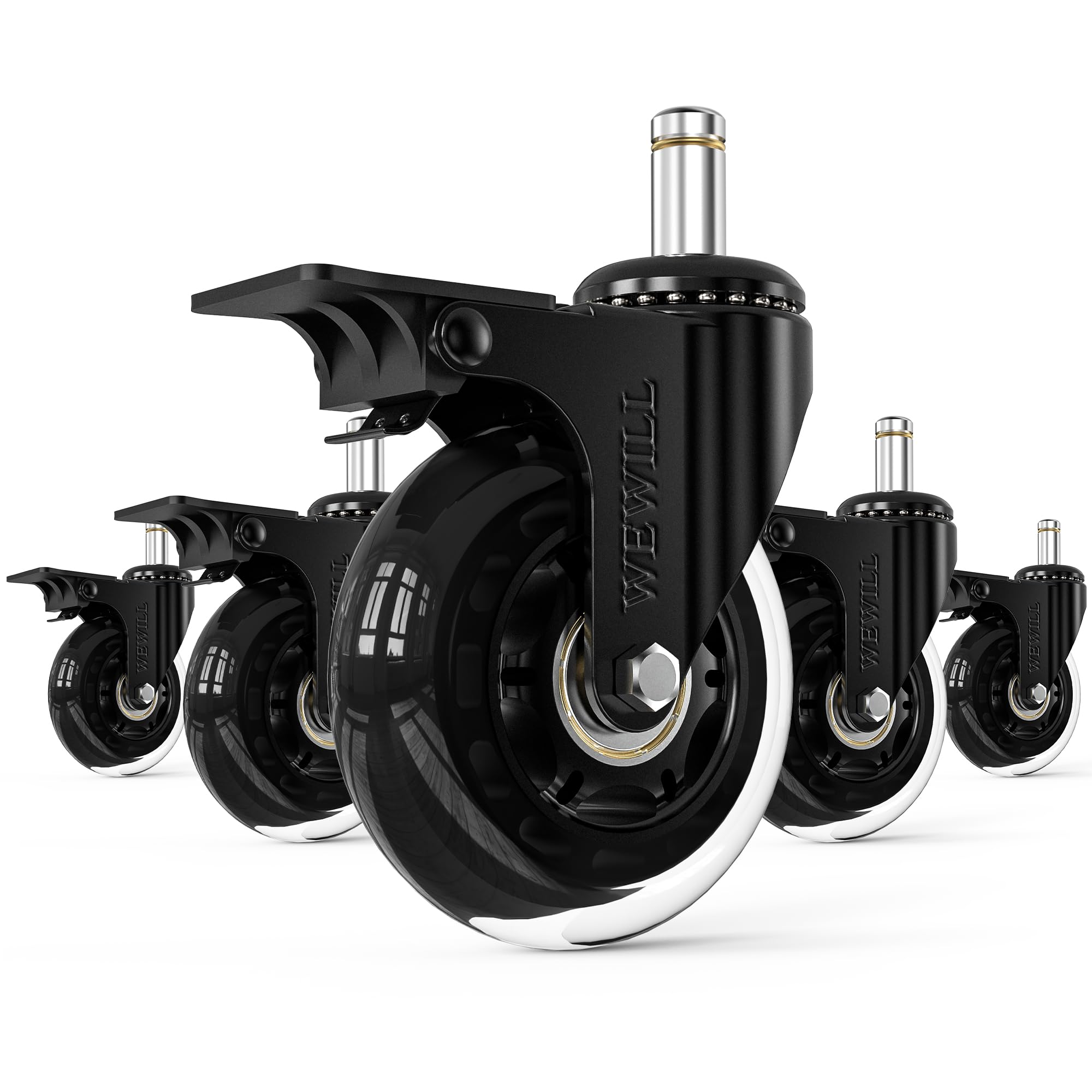 WEWILL Wheels for Office Chairs with Lock, 5pcs Replacement Wheels for Office Chairs in Carpet and Parquet, Wear-Resistant Casters with Brake (10 x 22 mm)