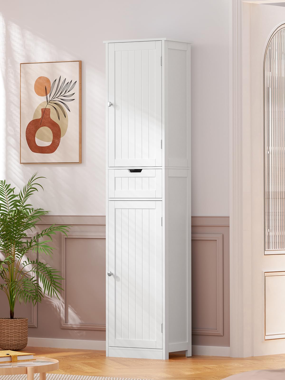 TEENFON Badezimmerschrank Schmal mit voller 40 cm Breite，Badschrank mit 2 Türen und 1 Schublade, Hochschrank mit Verstellbaren Regalen für Badezimmer, Wohnzimmer, Flur, Küche, 40x30x170 cm, Weiß