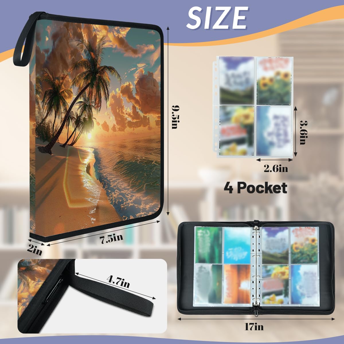 Raccoglitore per carte collezionabili con 4 tasche, motivo palma hawaiana, con maniche rimovibili, impermeabile, con cerniera, 50 pagine, capacità 400 carte