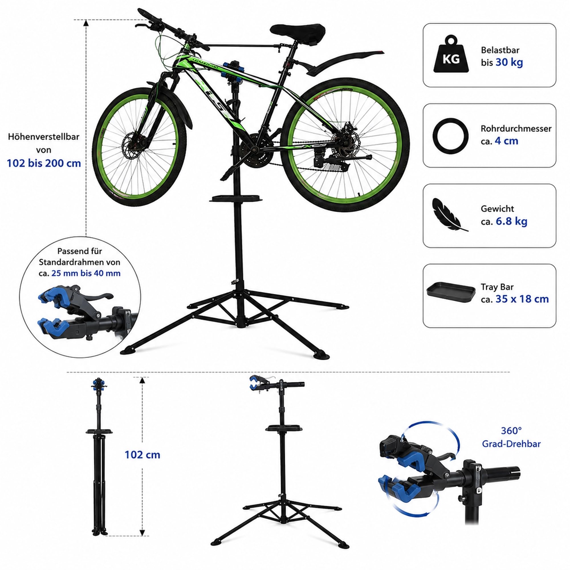Mucola Fahrrad Montageständer 360° drehbar höhenverstellbar bis 200 cm – Reparaturständer aus Stahl mit Schnellspannklemme & Werkzeugablage – Zentrierständer für MTB E-Bike Rennrad Werkstatt