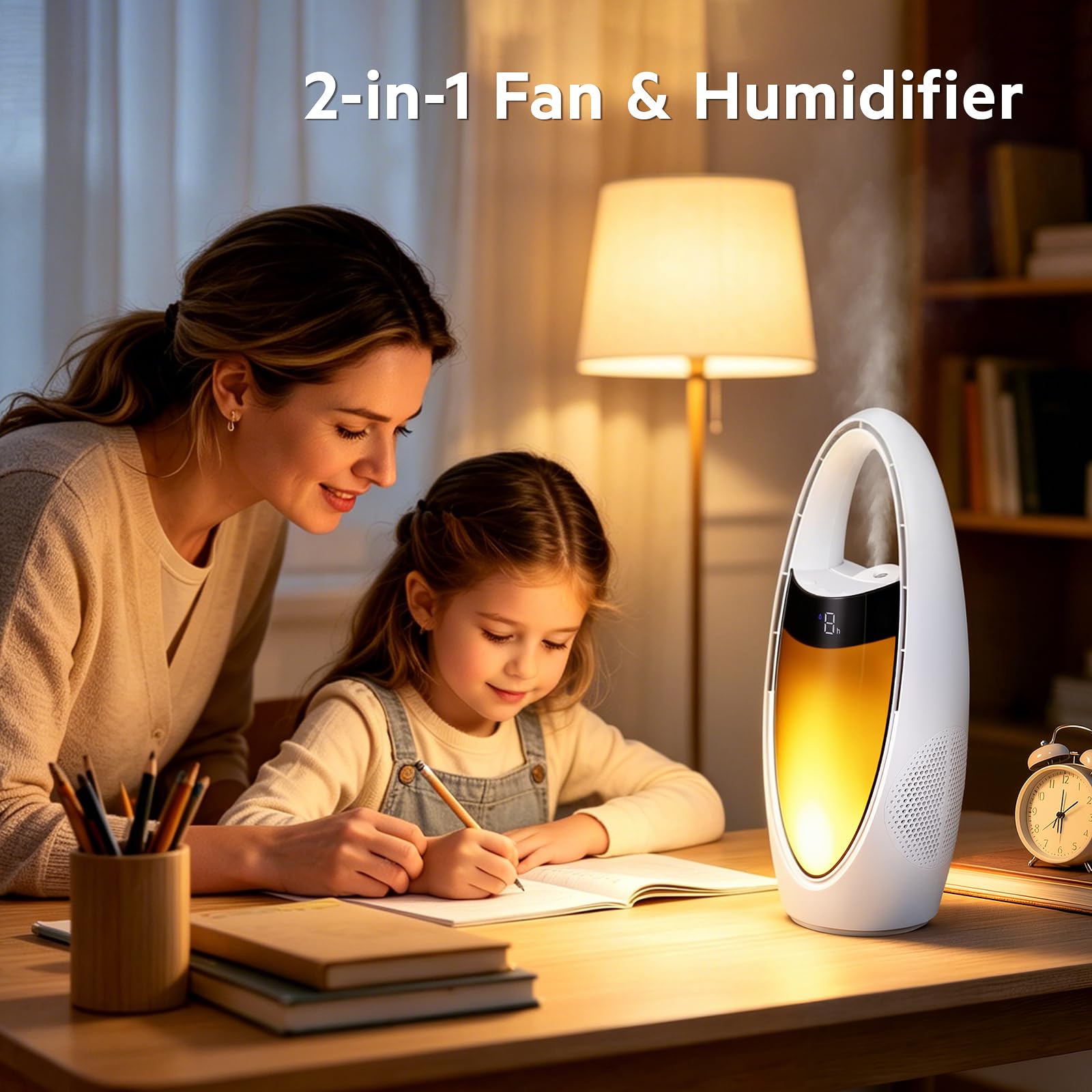 Ventilateur Colonne Portable sans fil 4000mAh Ventilateur Tour de Table 35cm avec Humidificateur, 9 Niveaux de Vitesse, Veilleuse, Heures et Oscillation de 70 ° pour Chambre à Coucher, Bureau, Maison