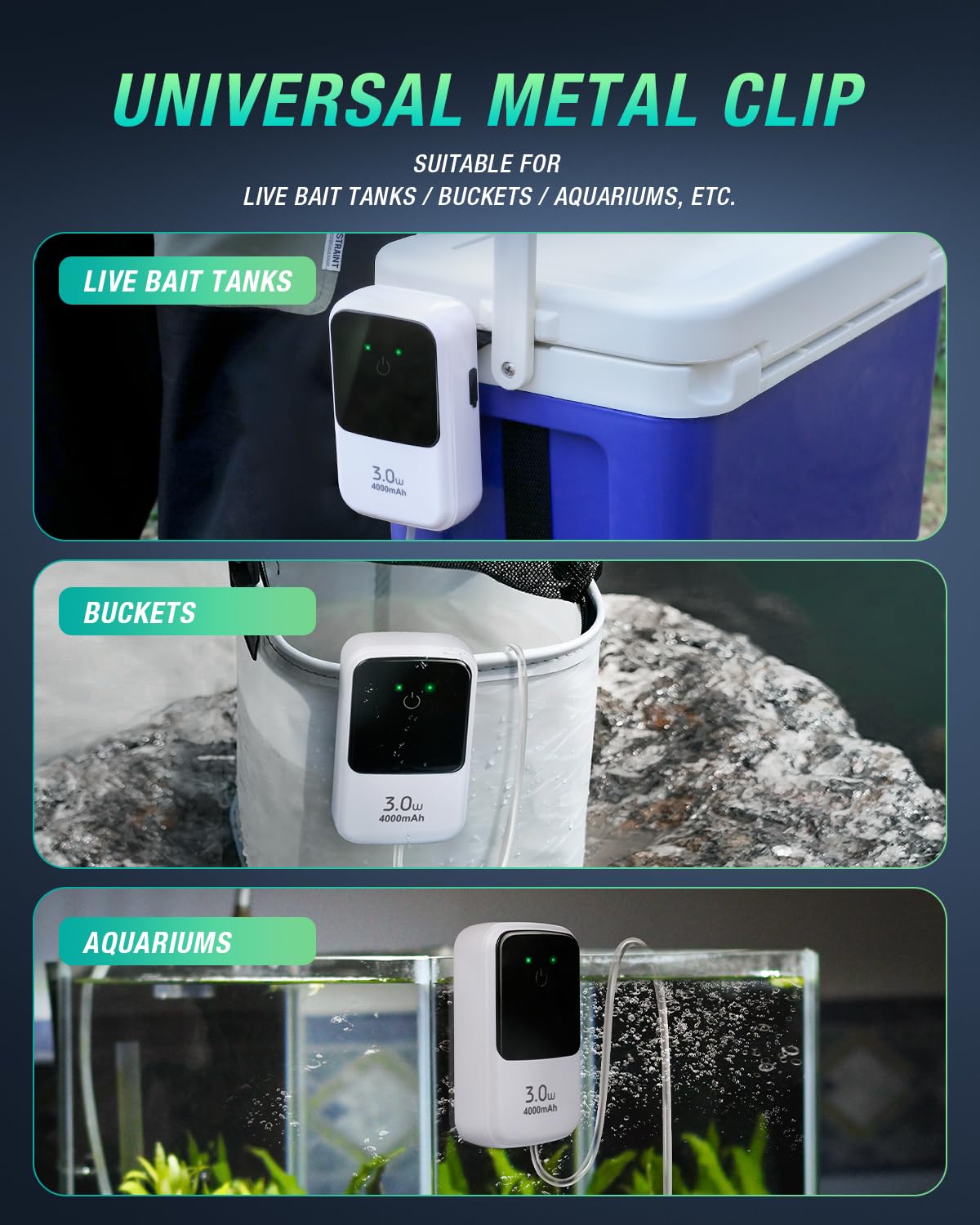 Ghosthorn Aérateur rechargeable silencieux double mode de fonctionnement pour poissons, pompe à air d'aquarium de grande capacité avec clip universel pour la plupart des seaux d'appâts