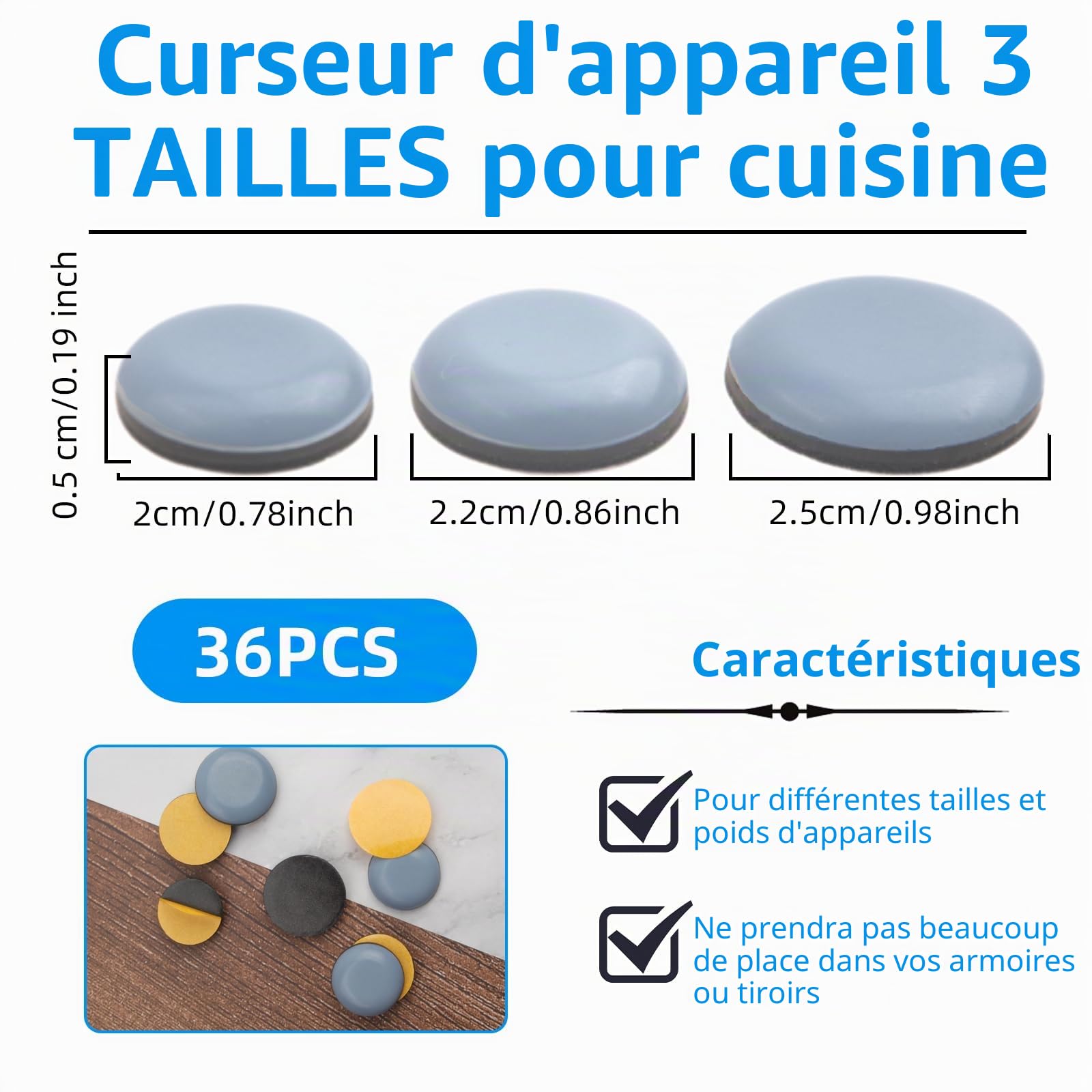 Lot de 36 glissières autocollantes pour appareils de cuisine, petits appareils de cuisine, faciles à déplacer et autocollants (20 mm, 22 mm, 25 mm)