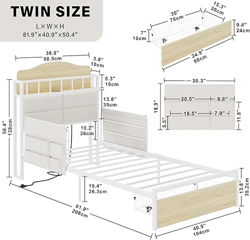 Miniatura 2 de LIKIMIO Base de cama individual con almacenamiento, cabecera multifuncional con estación de carga, cama de plataforma de metal duradera, sin ruido,