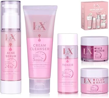 Daily Acne Essentials Kit - 5 Step Facial Skincare Set with Cleanser, Face Scrub, Clay Mask,Toner & Acne Serum, Complete Acne Skin Care Kit, Wash Away Impurities To Reveal Glowing Skin