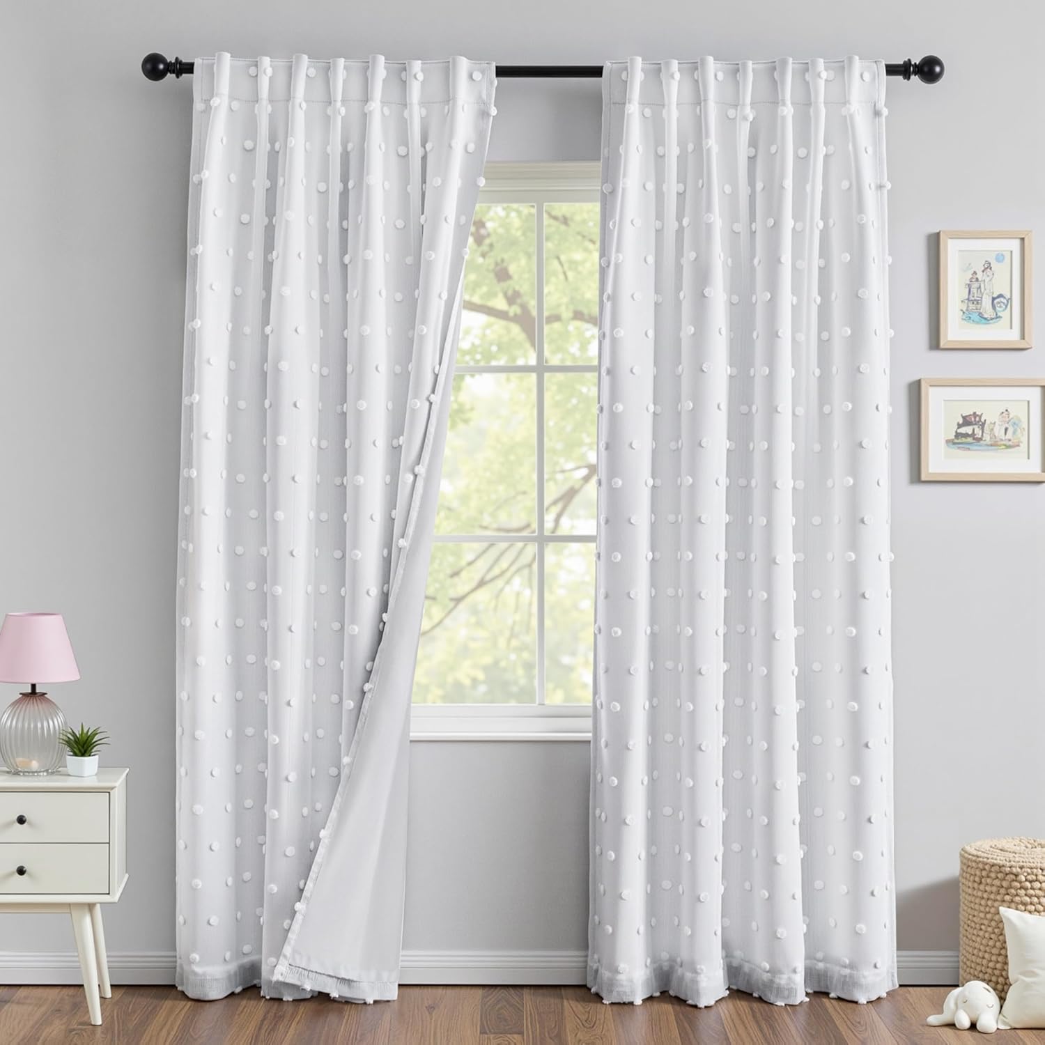 MYSKY HOME White Blackout Curtains for Kids Bedroom 100% Light Black Out Thermal Insulated Curtain 72 Inches Back Tab Room Darkening Privacy Protect Window Drapes with Pom Pom Sheers 2PCS, 52" x 72" 52"W x 72"L (Pack of 2) White Pom Pom