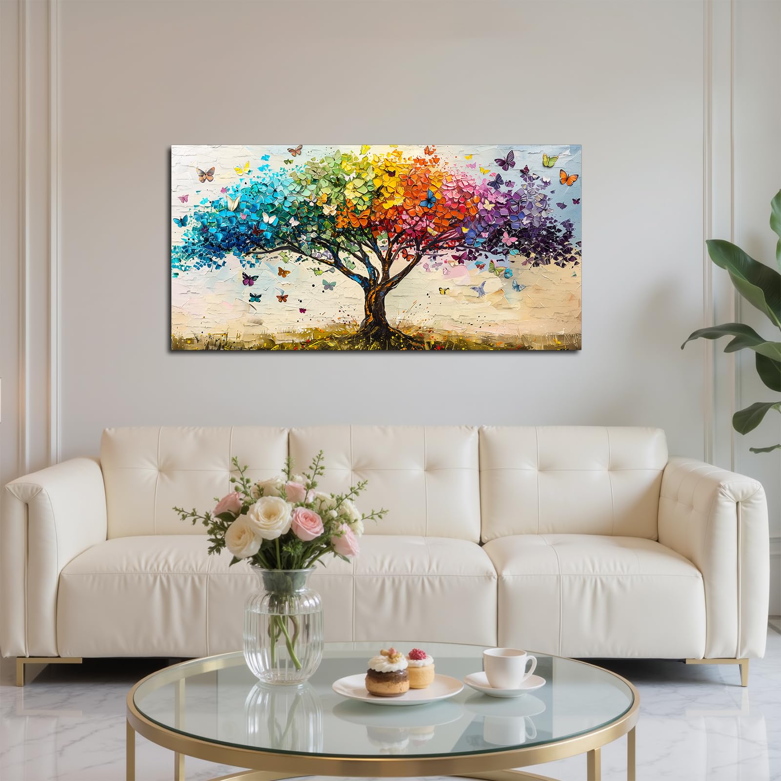 SERIMINO Cuadros Decoracion Arbol de la Vida Modernos Laminas 50x100 cm | Follaje Arcoíris Degradado, Impresión Hd. Bastidor Madera. Montaje Fácil, Multiespacio, Regalo Ideal