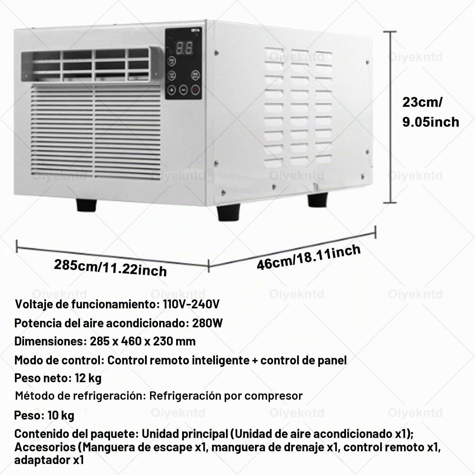 Aire acondicionado portátil, unidad compacta y pequeña de bajo consumo (280 W) con control remoto, modo dual de refrigeración y deshumidificación, temporizador de 24 horas y funcionamiento silencioso