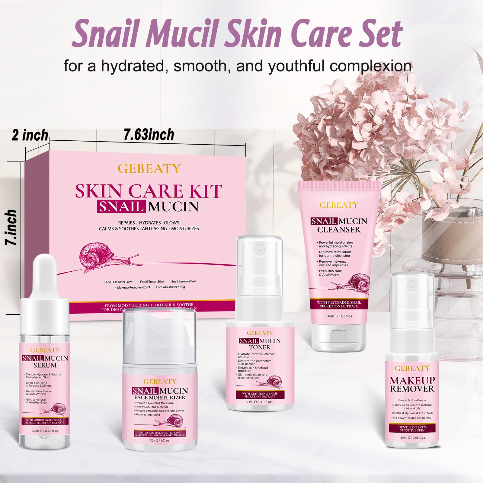 Skin Care Set,6 Pcs Korean Snail Mucin Essence Anti-aging Moisturize Repair Soothe Hydrate,Glass Skincare Gift Kit for Dull & Dry Skin,Self Care Skincare Gifts for Women Mother Mom Wife Teenage Girls
