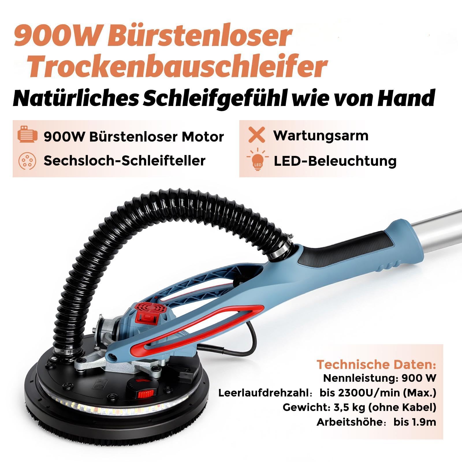 FANZWORK Trockenbauschleifer mit Bürstenlosem EC-Motor 900W, ULTRA-Leicht, 225mm Schleifgiraffe, bis 2300 U/min, Länge bis 1,9m, inkl. LED, 3,8m Kabel, Schleifscheiben, Sauger-Adapter, Tragkoffer