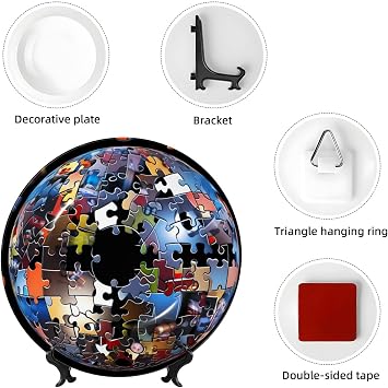 PHAYAH Color Block Puzzle Pattern Bone China Decorative Plate Ceramic Dinner Plates Crafts with Vertical Stand for Home Office Decor 7in