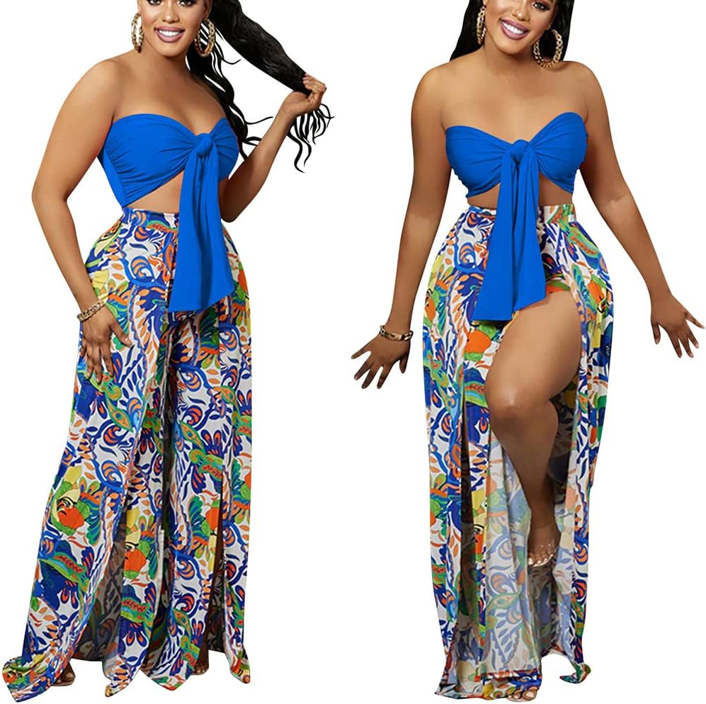 2 Piece Outfits for Women Summer Sleeveless Crop Tops Wide Leg Slit Pants Set Boho Floral Print Vacation Outfits