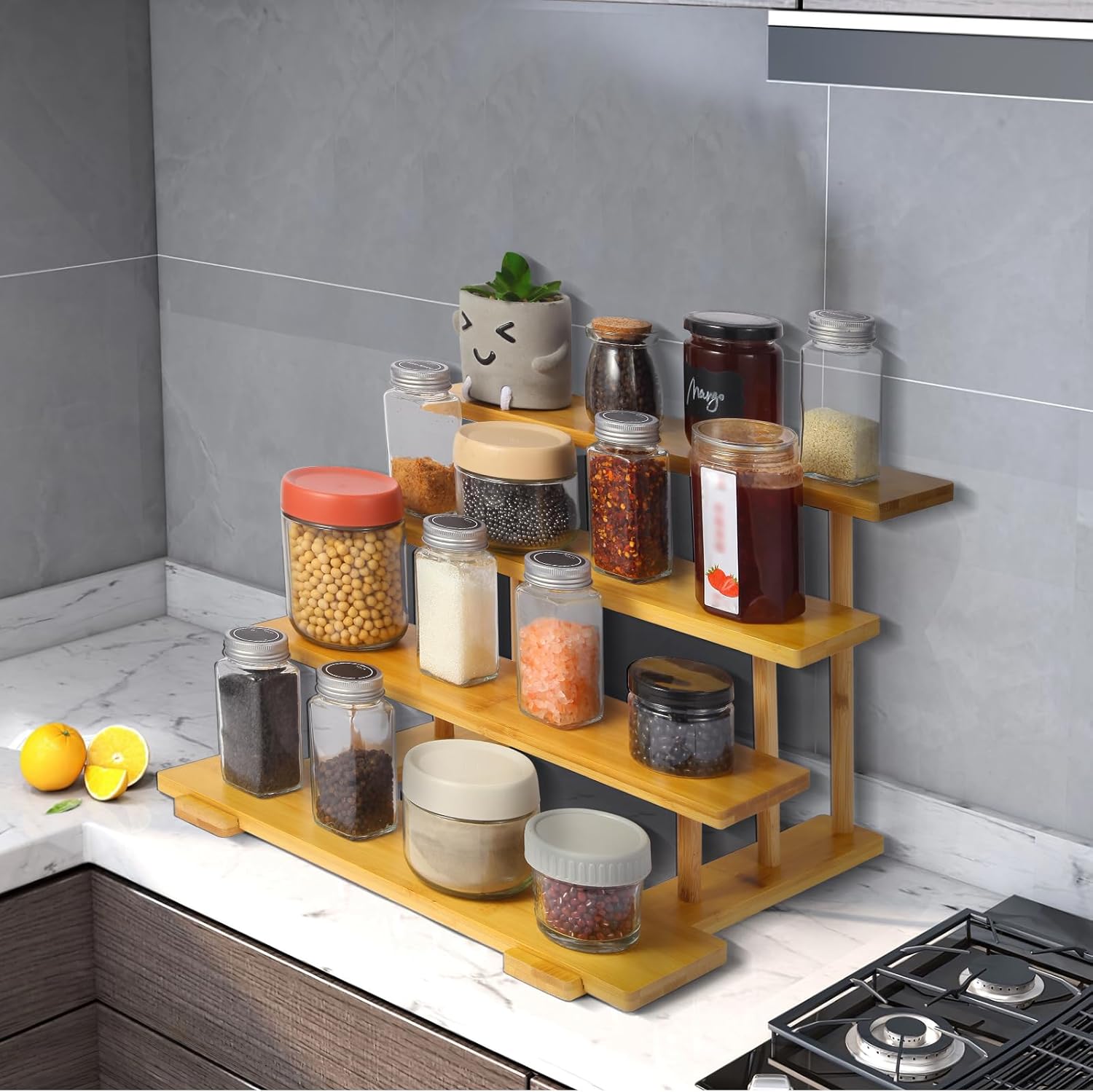 GURECOD 3&4 Tier Bamboo Bathroom Counter Kitchen Organiser, Party Dessert Display Rack, Perfume Cosmetic Organiser. (4 Tier Display Rack)
