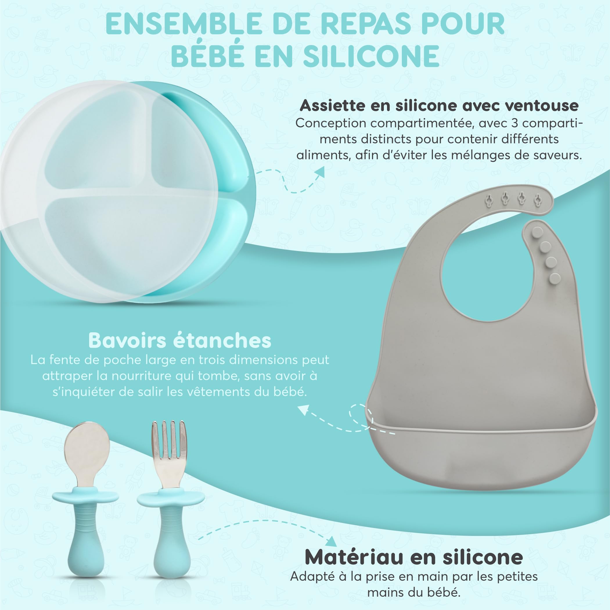 Assiette Bébé Inox Avec Ventouse - 2 Pièces Compartimentées - Silicone Amovible Sans BPA (beige/rose)