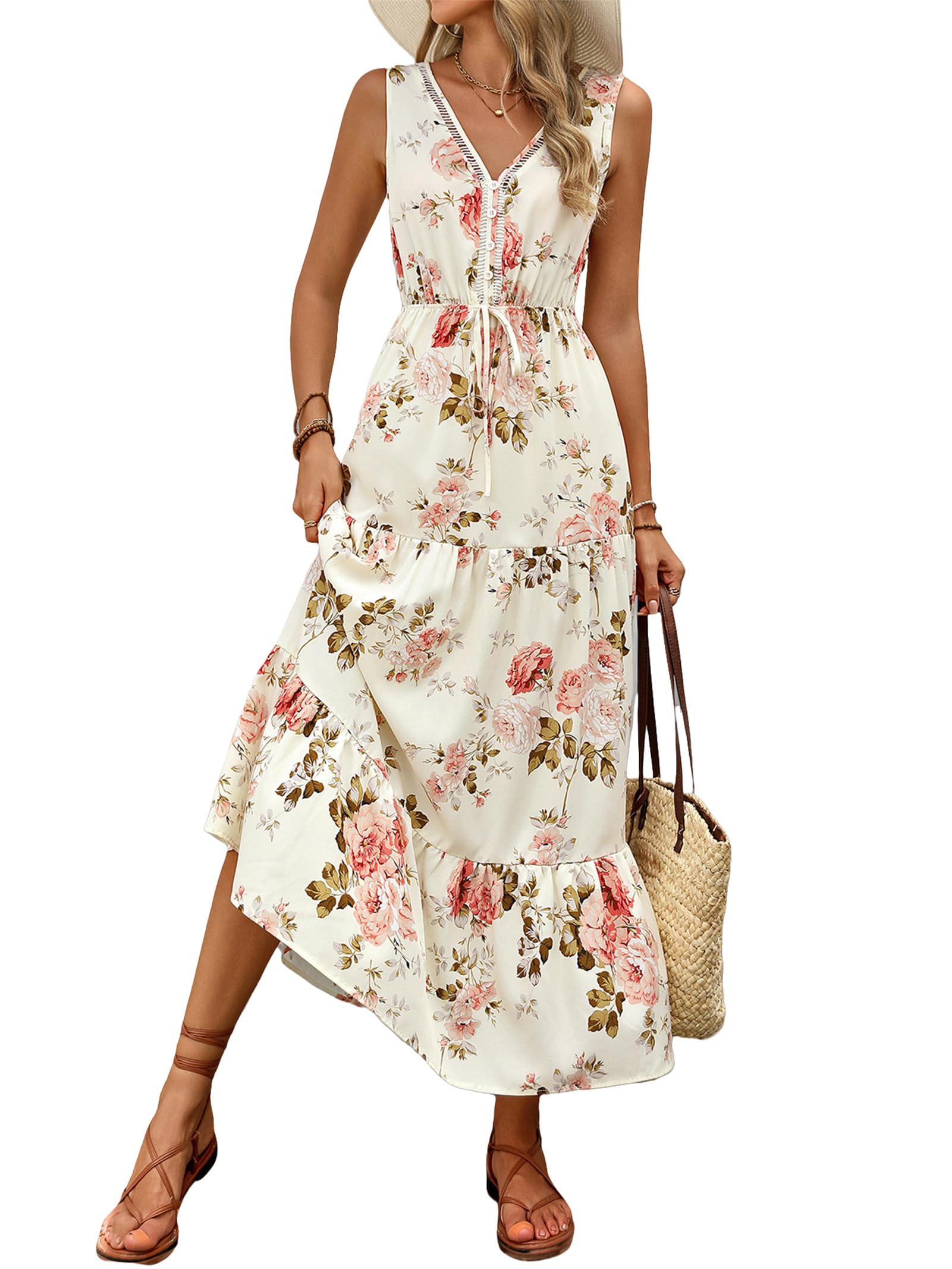 Generisch Bedrucktes ärmelloses Damenkleid, Damen 2025 Sommer ärmellos V-Ausschnitt Boho Knopf Langes Kleid Strand Langes Sommerkleid