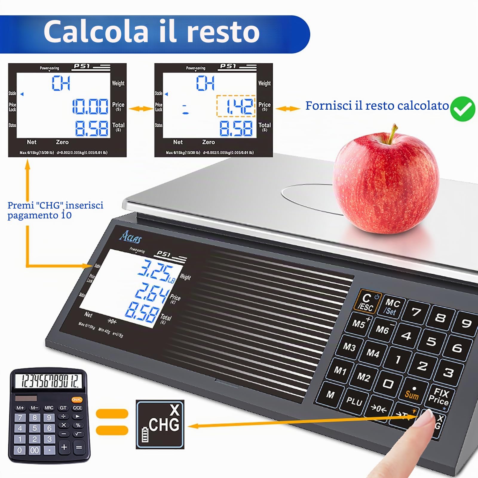ACLAS Bilancia dei prezzi professionale 30kg 10g commerciale Bilancia Contapezzi con batteria digitali con display LCD a doppio schermo per cibo, carne, gastronomia