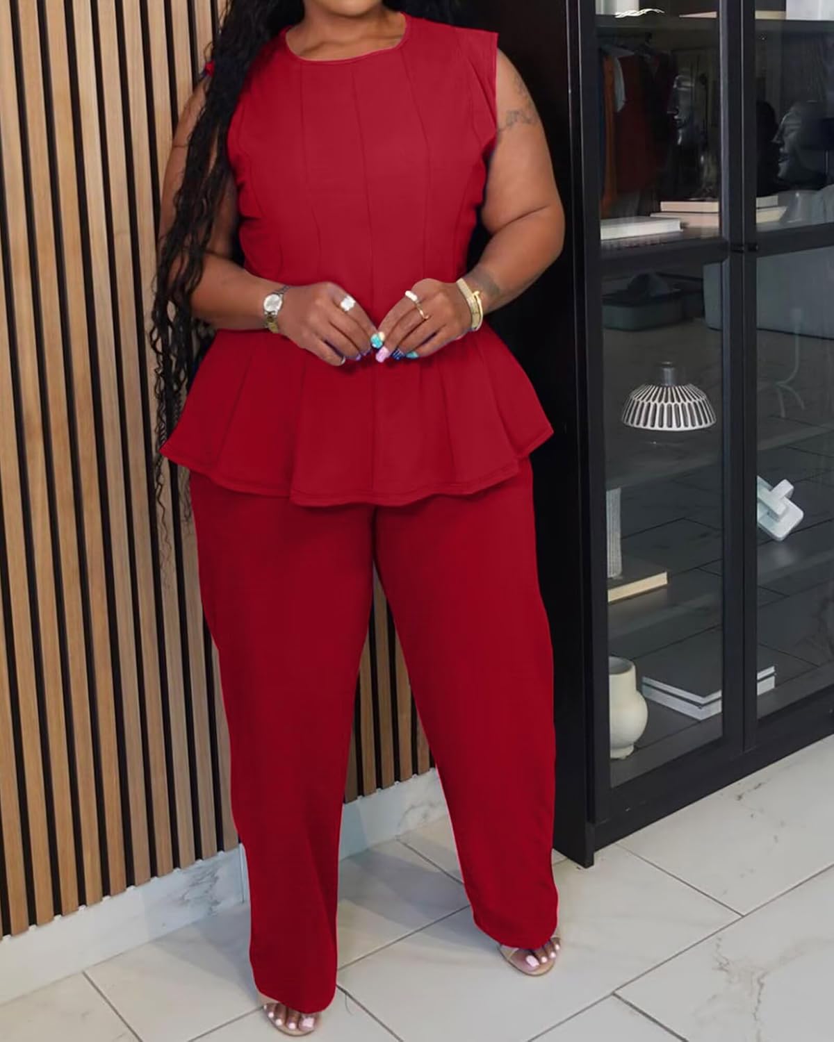 Womens Plus Size 2 Piece Outfits Pants Sets Summer Sleeveless Peplum Tank Tops Wide Leg Pant Suits Matching Sets - Image 2