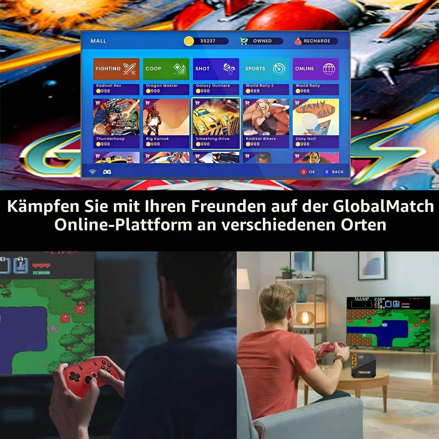 GO15 Retro-Videospielkonsole, Integrierte 12 VISCO- und 18 PIKO-Retro-Spiele mit echter Lizenz, Unterstützt Online-Kämpfe in Echtzeit über die GlobalMatch-Spieleplattform