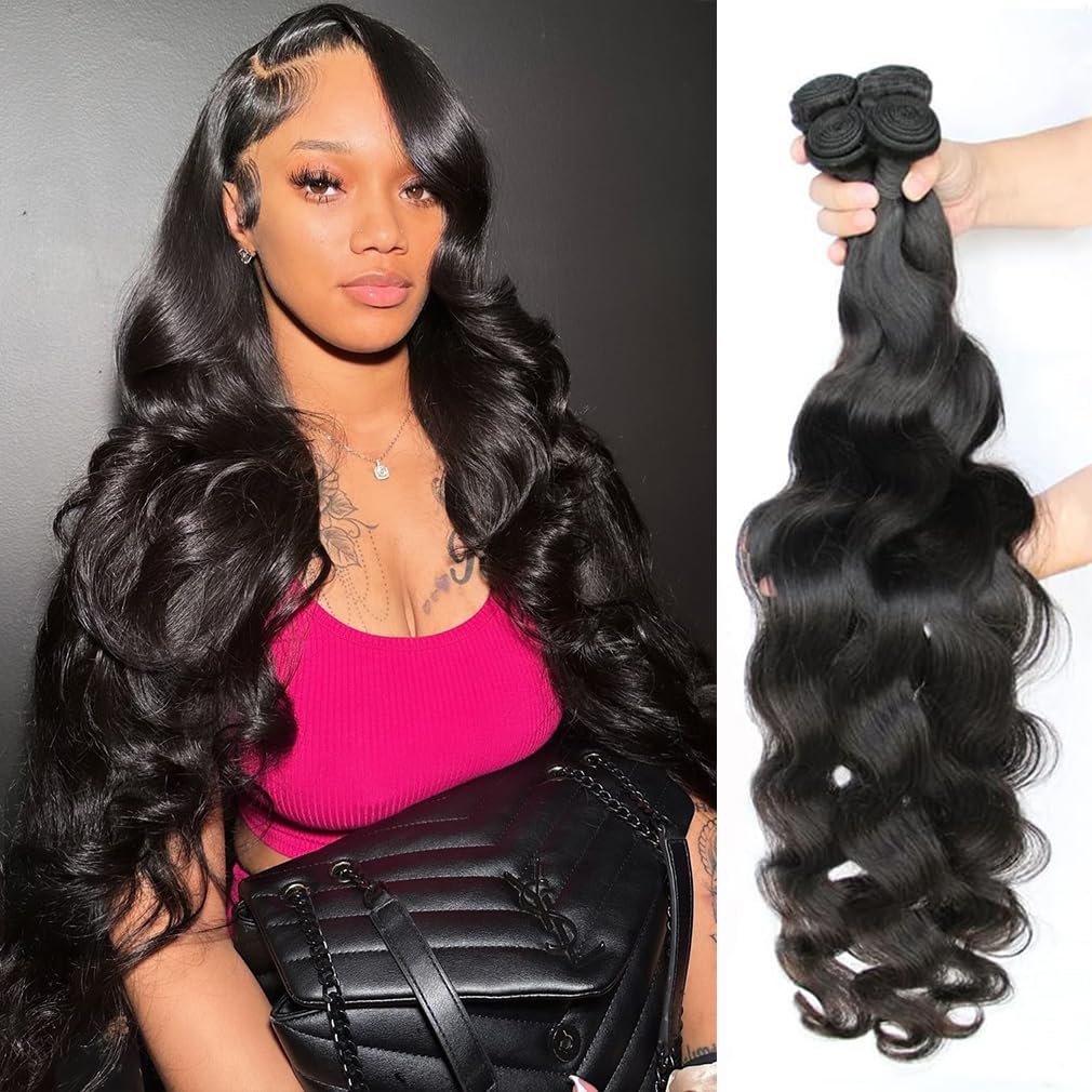 Brazilian Body Wave 4 Bundles Human Hair 20 22 24 26 Inch 12A Grade 100% Unprocessed Virgin Brazilian Body Wavy Bundles Soft and Bouncy Bundles Human Hair Extensions Natural Color