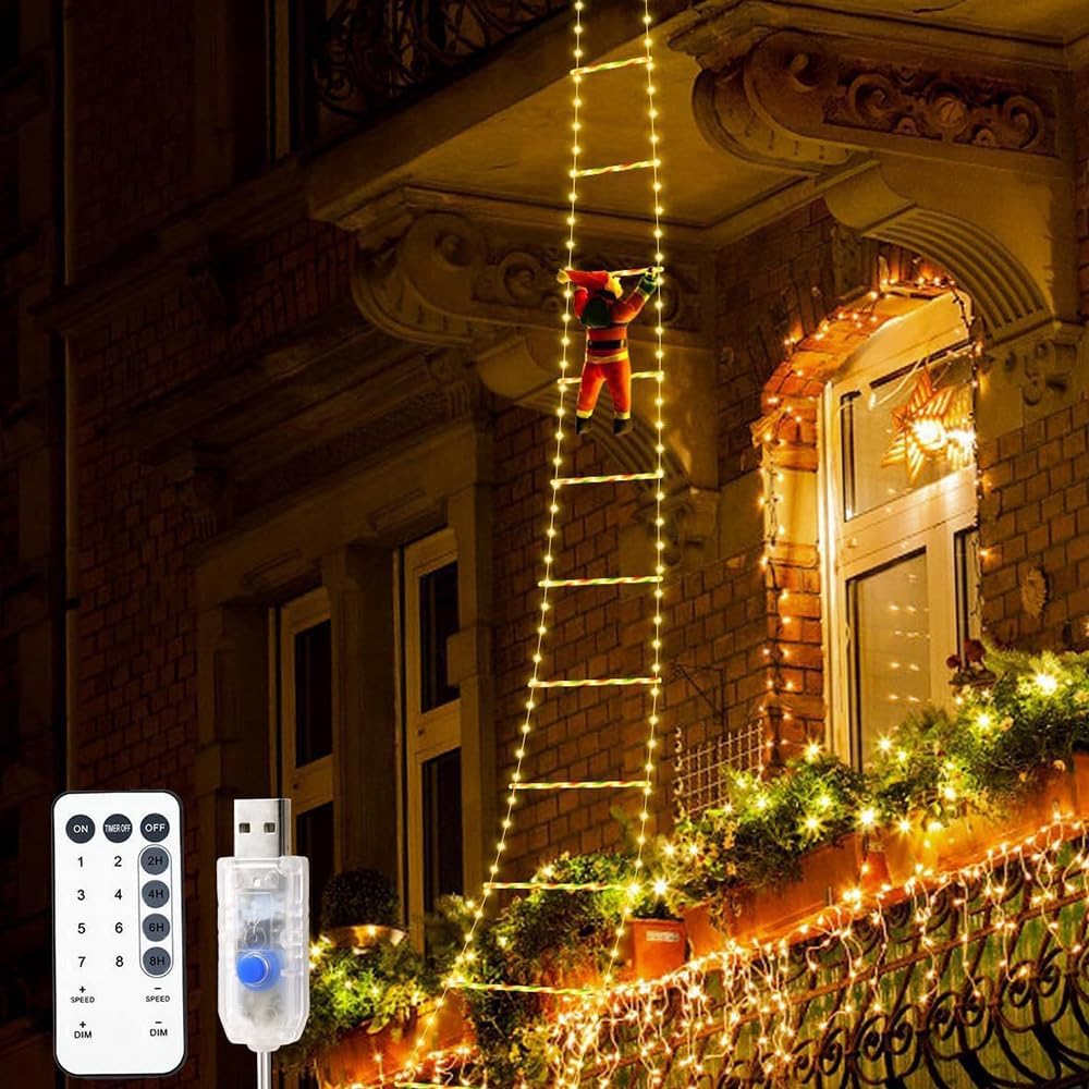 10FT Christmas String Lights with Climbing Santa - USB Operated 8 Modes Remote Controlled for Outdoor, Window, Garden, Home, Wedding,Wall, Xmas Tree Decor (Warm White)