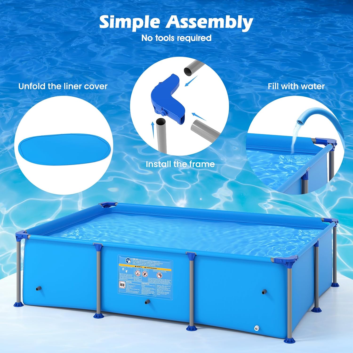 GYMAX 8.5' x 6' x 26" Metal Frame Above Ground Swimming Pool, Outdoor Backyard Famliy Pool w/Puncture-Resistant Fabric, Drainage Valve Connector for Kids & Adults (8.5' x 6' x 26", Rectangle, Blue)