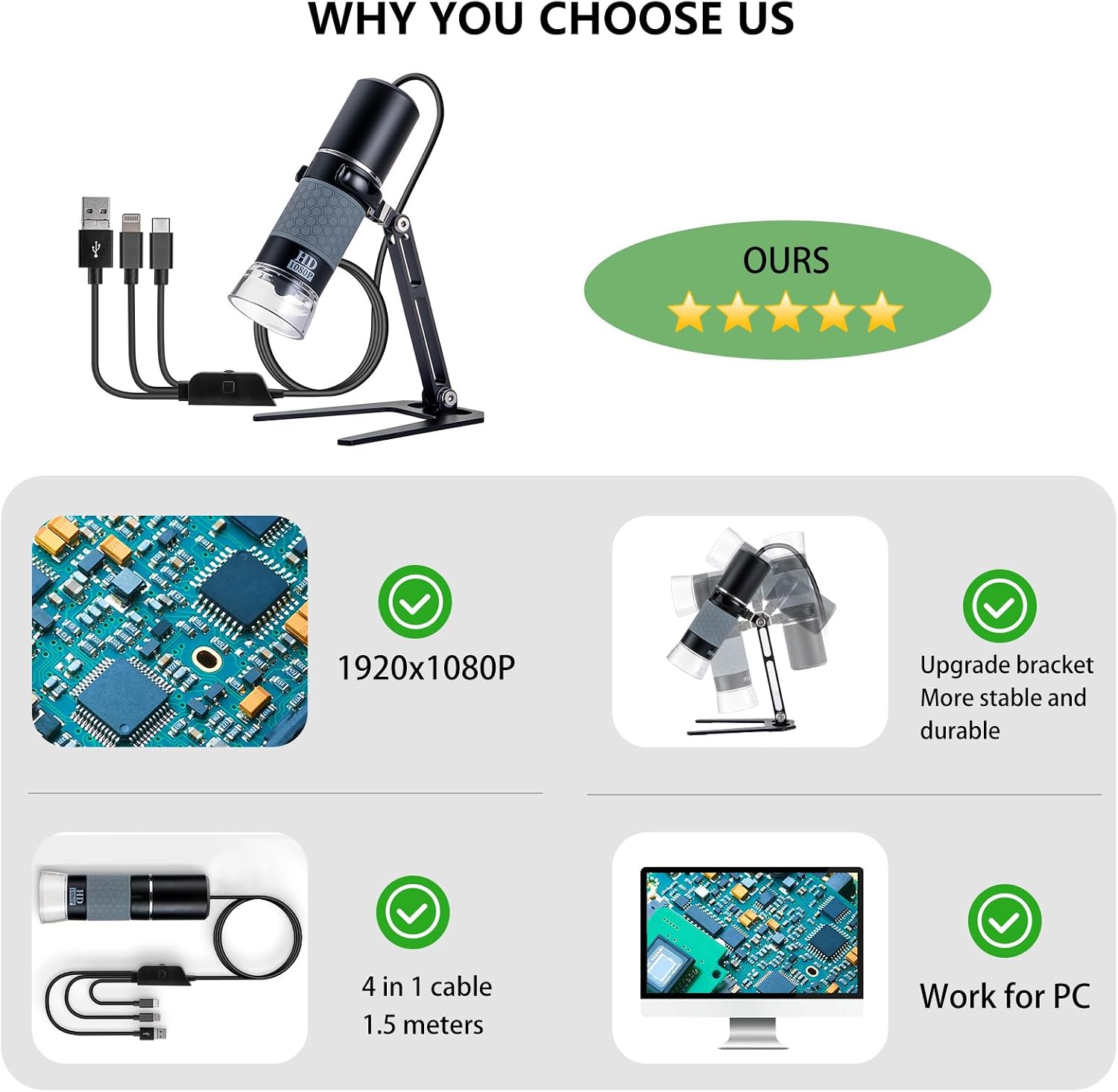 1080P Handheld Digital Microscope, 50-1000X Magnification Portable USB Microscope with Adjustable Stand, Compatible with iPhone Android Mac Windows PC