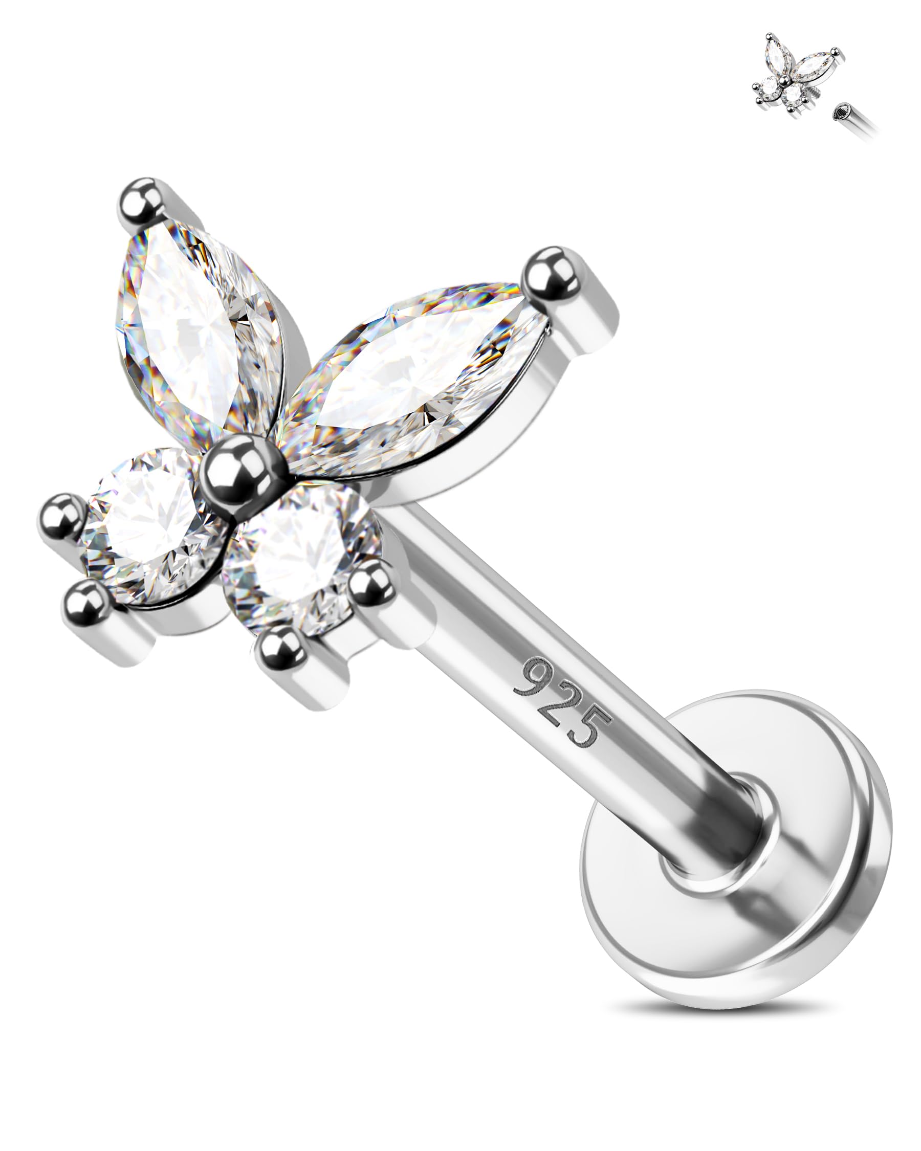 Jewseen 925 Sterling Silver Cartilage Earring Water Grass Agate Tragus Helix Conch Piercing Jewelry Butterfly Cartilage Stud Moss Agate Lip Labret