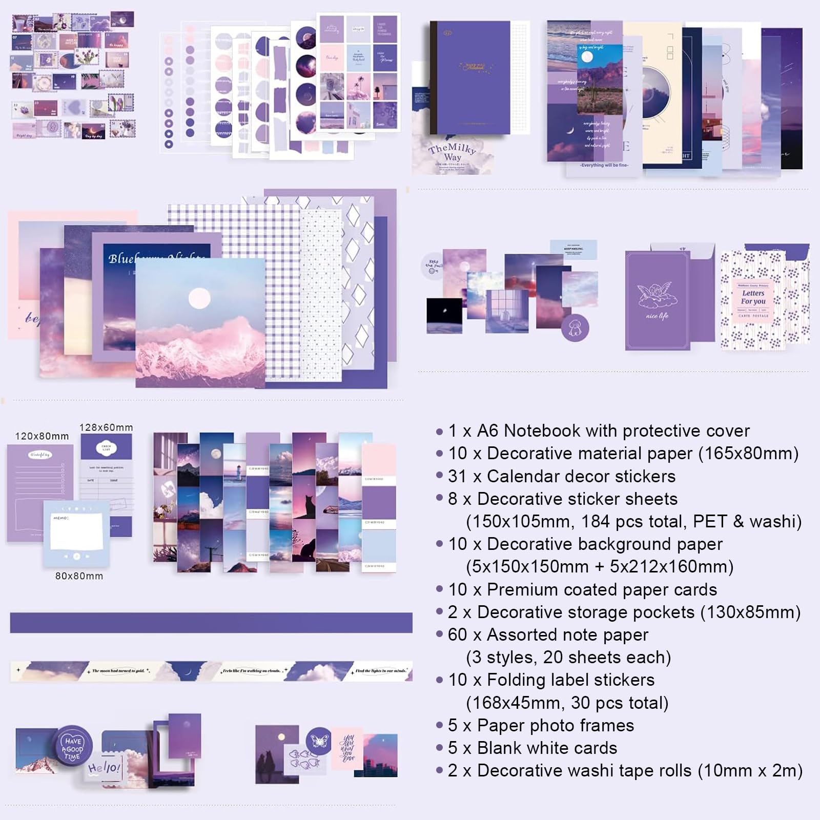 Kit de Scrapbook Estético 348 Piezas, Set de Journaling con Cuaderno A6 de Cuadrícula, Materiales para Scrapbooking, Washi Tape, Estilo Púrpura, para Principiantes, Regalo Creativo