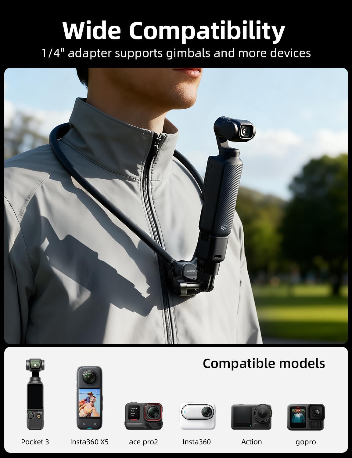 Llano Neck Mount with Chest Strap, Compatible with DJI Osmo Pocket 4/3 Nano Action 6/5/4/3, GoPro Hero 13/12/11/10/9/MAX, Insta 360 X5/X4/Ace Pro 2, Necklace Mount for Action Camera with 1/4" Adapter