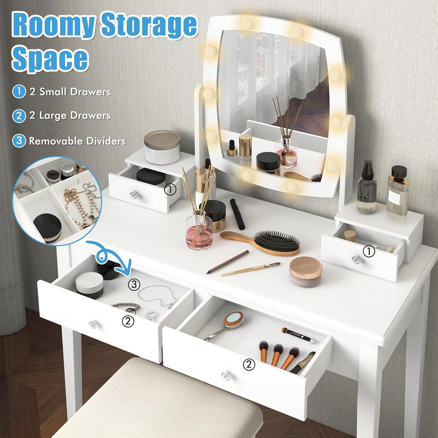CHARMAID Girls Makeup Vanity Desk with Mirror and Lights, Vanity Table with 10 LED Bulbs, 3 Lighting Modes, Modern Bedroom Dressing Table with 4 Storage Drawers & Vanity Stool (White)