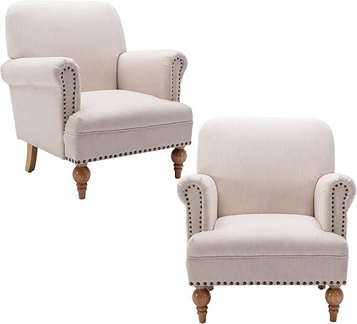 Miniatura 13 de Silla decorativa de lino moderna de mediados de siglo con ribete de cabeza de clavo y patas de madera, cómoda silla individual tapizada para sala de