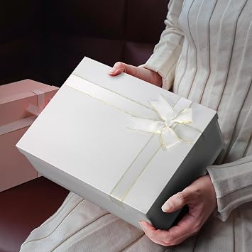 Large White Presentation Box, Pack of 2 Sturdy Gift Box with Lid, Gift Wrap Box for Birthday, Anniversary, Festival, Special Celebration and More