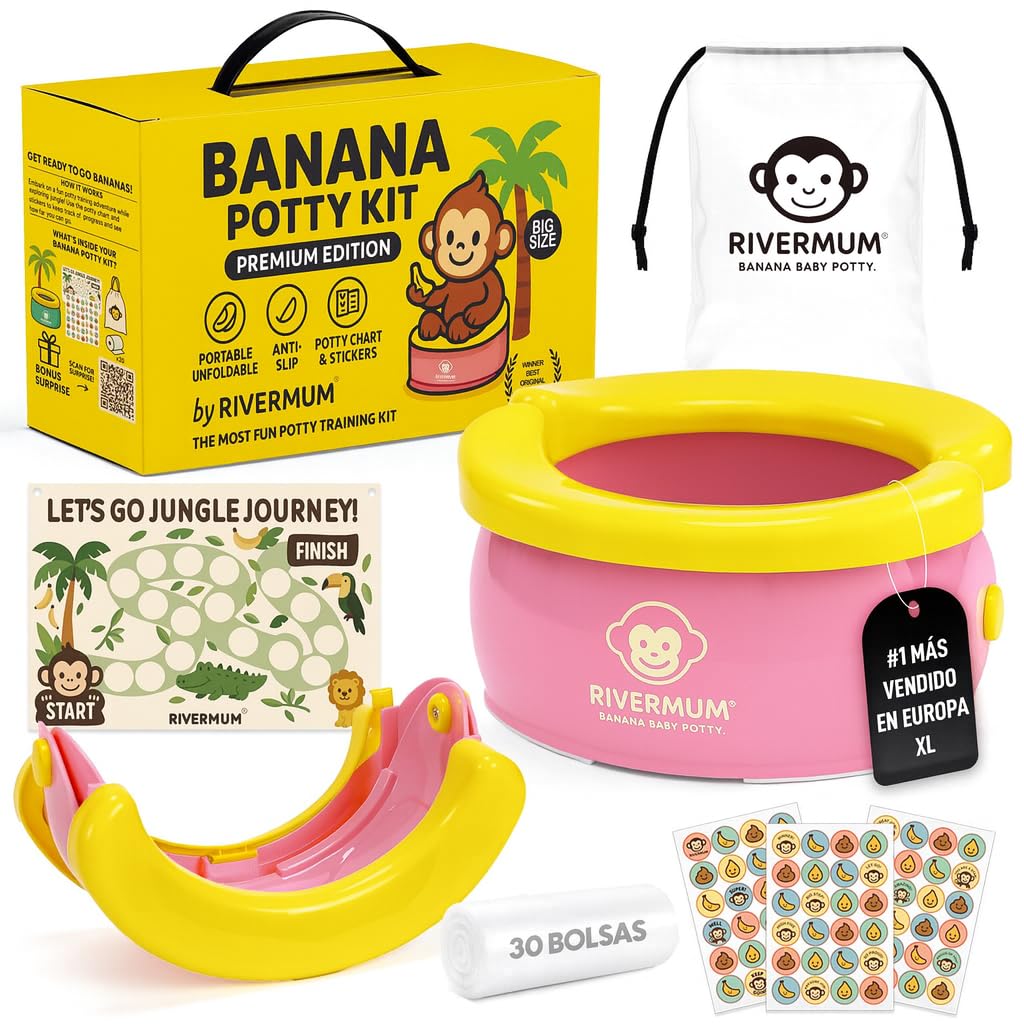 Kit Orinal Portatil Niños Plegable Banana XL, Orinal Infantil Pórtatil para viajes o casa, WC Inodoro portatil Niños, Potty Training, Incluye Bolsas, Pegatinas y Cacalendario (ROSA) - 1