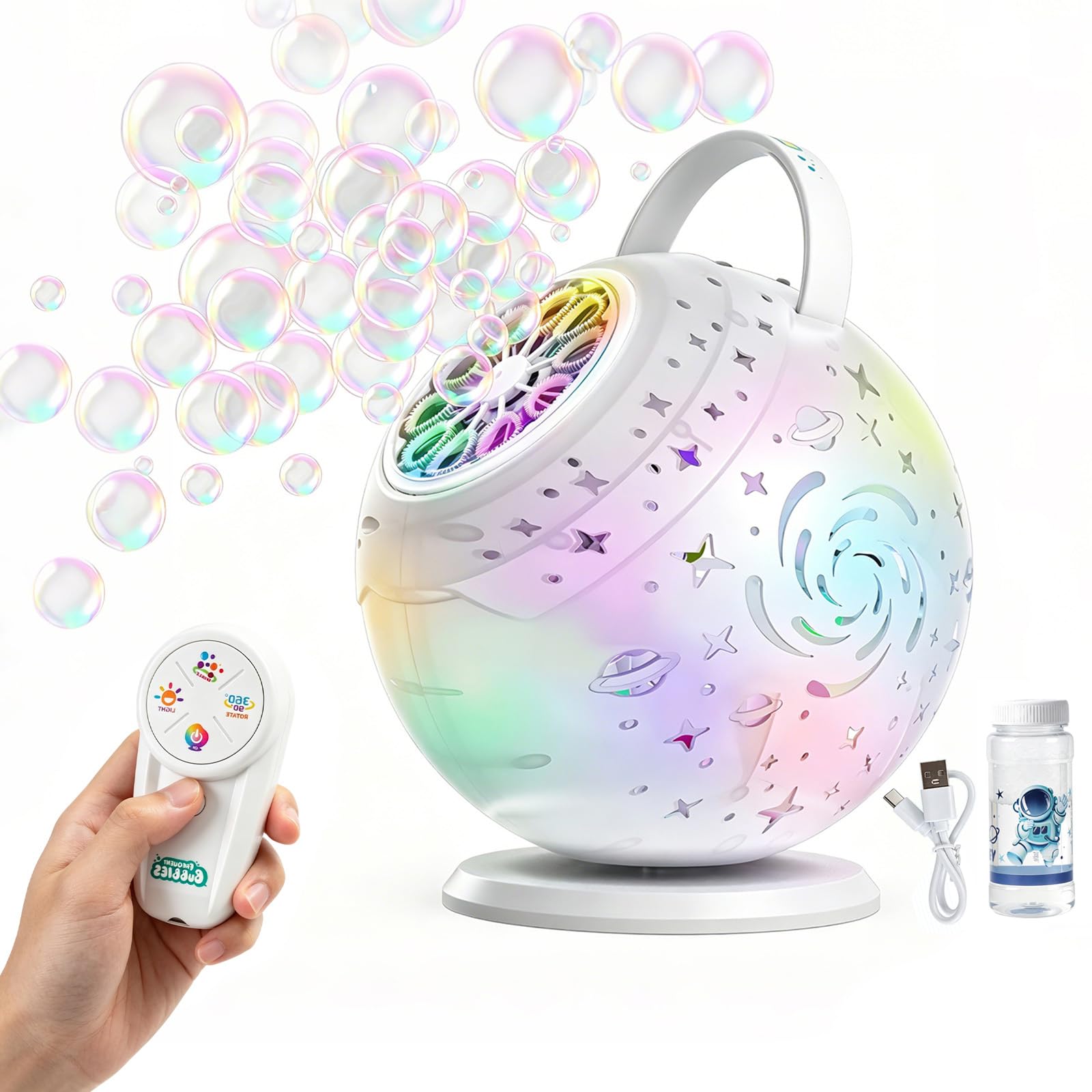 Rechargeable Bubble Machine - 7 Colors Garden Bubble Machine with Remote Control, 360°Automatic Rotation Bubble Maker with 120ml Bubbles Solution, Garden/Outdoor/Wedding/Birthday/Party Decoration