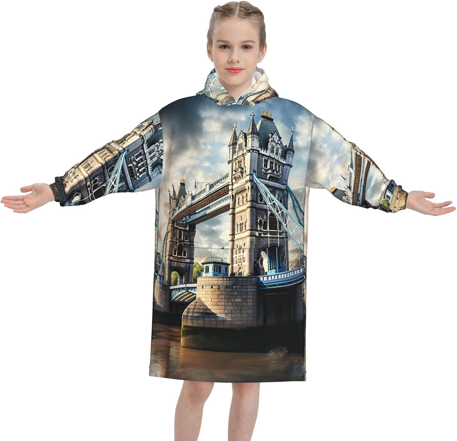 Historic Old Tower Bridge London Print Oversized Blanket Hoodie, Wearable Blanket Hooded,Hooded Pullover With Pocket