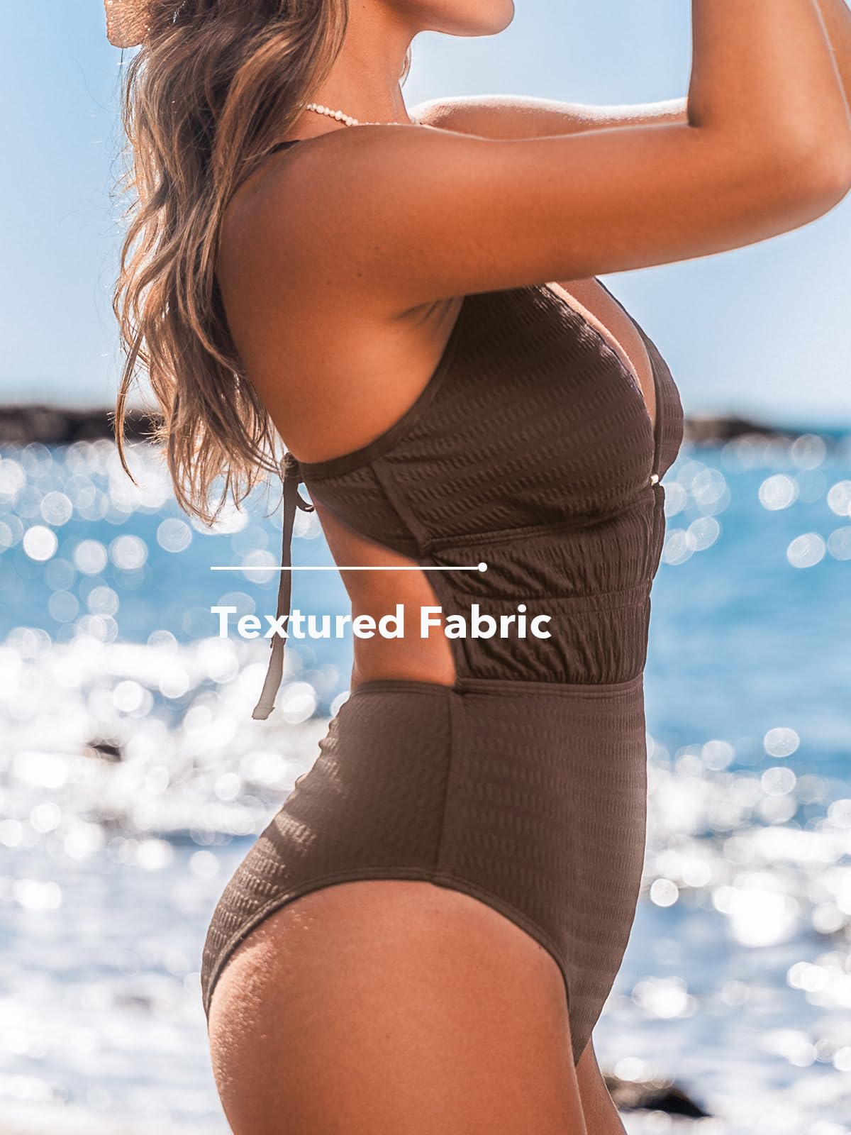 CUPSHE Traje de baño de una pieza para mujer, cuello profundo, recortado, texturizado, fruncido, espalda cruzada, con lazo