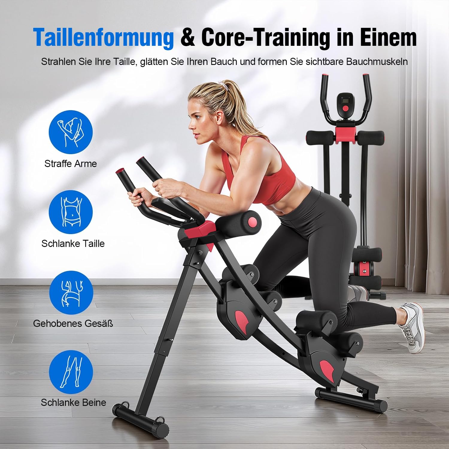 Bauchtrainer für Zuhause, Verstellbarer Bauchmuskeltrainer mit Doppel-Schienensystem, 200 kg belastbar, klappbar, Ganzkörper-Trainingsgerät fürs Home Gym, Widerstandsbänder & LCD-Monitor