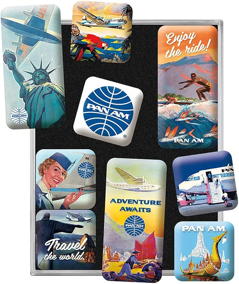 Nostalgic-Art Ímãs de geladeira retrô Pan Am – Ideia de presente para viagem do mundo divertido para quadro magnético conjunto de 9