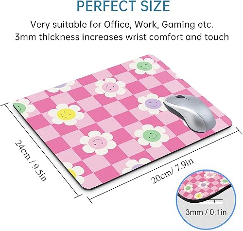 Miniatura 3 de Alfombrilla de mouse a cuadros rosa pequeña, con cara sonriente con margaritas, cuadrada para escritorio, bonita alfombrilla de mouse retro Y2K,