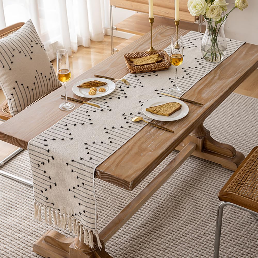 Table Runner, Breathable Kitchen Dining Runner Easy Cleaning Cotton Tassel Runner for Holiday Kitchen and Dining Table Decor