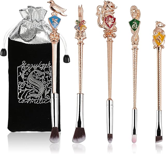 [5 PCS] Makeup Brush Set Metal, Silver Pink Handle Wizard Wand for Foundation Blush, Eyeshadow, Face Concealer, Eyeliner Contour, Powder Liquid Eye, Anime Gift for Girls Women